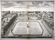 Aerial view of Leicester Square with carriages, Westminster, London, 1754. Artist: Sutton Nicholls