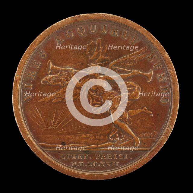 Fame Blowing Her Trumpet [reverse], 1717. Creator: Jean Duvivier.