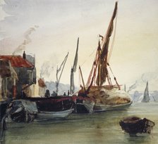 View of boats moored on the River Thames at Bankside, Southwark, London, c1830.                      Artist: Thomas Hollis
