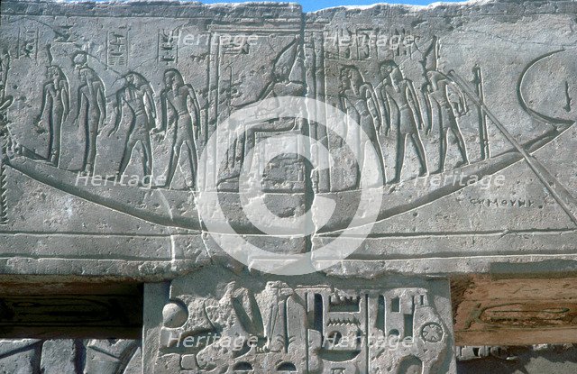 Relief of solar boat carrying Ra, Mortuary Temple, Medinat Habu, Luxor, Egypt, c12th century BC. Artist: Unknown