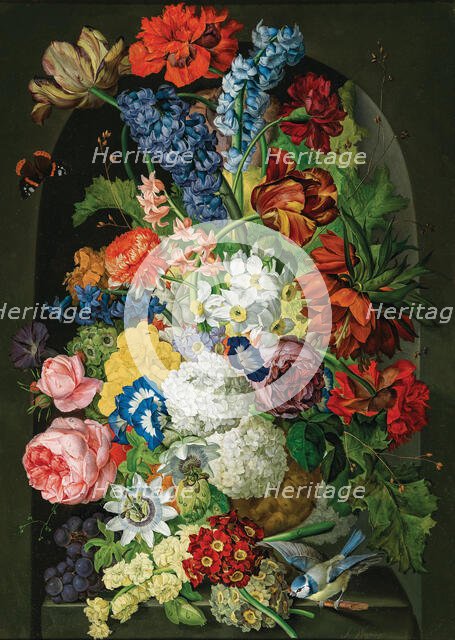 Floral still life with butterfly and blue tit. Creator: Wegmayr, Sebastian (1776-1857).