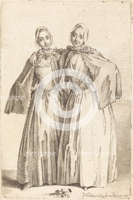 Two Standing Ladies (Demoiselles Quantin), 1758. Creator: Daniel Nikolaus Chodowiecki.