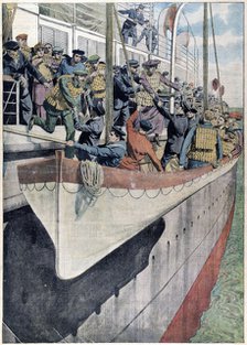 The lesson of SS Titanic: Lifeboat drill on a passenger liner, 1912. Artist: Unknown