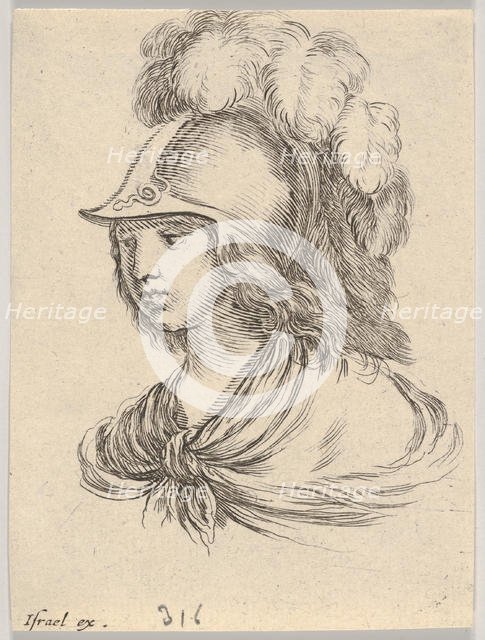 Plate 9: bust of Minerva, wearing a helmet with feathers, looking towards the left, from '..., 1650. Creator: Stefano della Bella.