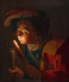 A Boy Blowing on a Firebrand, 1621/22. Creator: Gerrit van Honthorst.