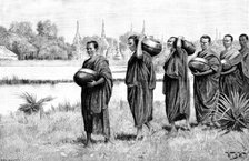 Sketches in Burmah: Buddhist monastery - Phoongyees...with alms begged for their morning meal, 1890. Creator: P Naumann.