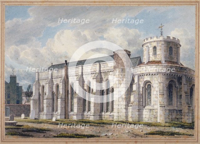 View of Temple Church from across the graveyard, City of London, 1811. Artist: George Shepherd