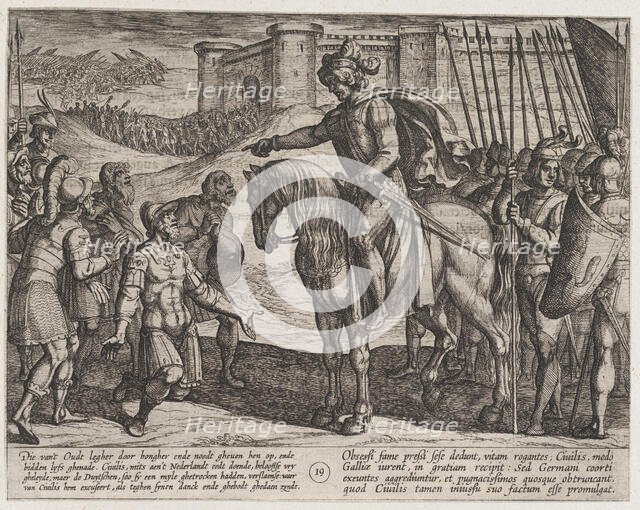 Plate 19: Men from the Fortress Surrender and Pledge Their Lives to Civilis, from The War ..., 1611. Creator: Antonio Tempesta.
