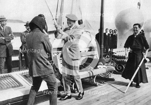 The Prince of Wales testing a Japanese fencing helmet, Japan, 1922. Artist: Unknown