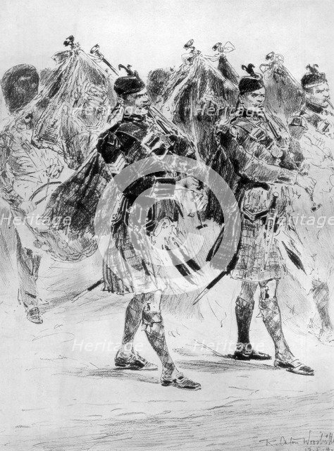 'To the Wail of the Pipes, The Highland Soldiers' Lament', 1910.Artist: Richard Caton Woodville II