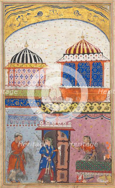 Page from Tales of a Parrot (Tuti-nama): Eighth night: A woman asks her lover to leave..., c. 1560. Creator: Unknown.