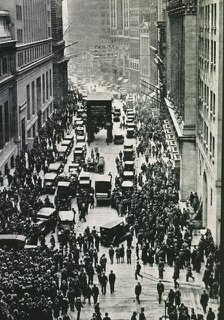 Stock market crash of 1929 in New York, people expecting on the sidewalks of Wall Street in front…