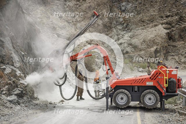 Rock blasting, road works, Nubra Valley, Ladakh, India, 2023. Creator: Peter Thompson.