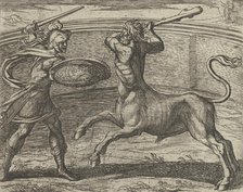 Theseus and the Minotaur (Minotaurum Theseus vincit), from The Metamorphos..., Published after 1606. Creator: Antonio Tempesta.