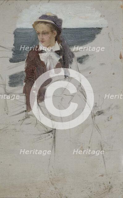A woman sitting by the rail of a ship, sketch, c1890s. Creator: Albert Edelfelt.