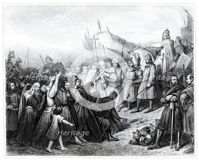 Charlemagne receive the submission of Wittekind in the year 785. Engraving from 1853.