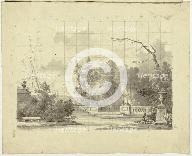 View of the Park at Versailles: Balustrade with Two Sphinxes Urn, n.d. Creator: Pierre Antoine Mongin.