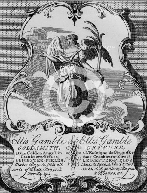 Trade card of goldsmith Ellis Gamble, 1720s, (1827). Creator: Thomas Cook.