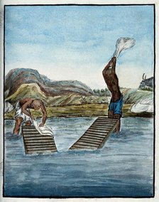 Two washer-men cleaning clothes by beating them against washing racks in a river. Creator: Unknown.