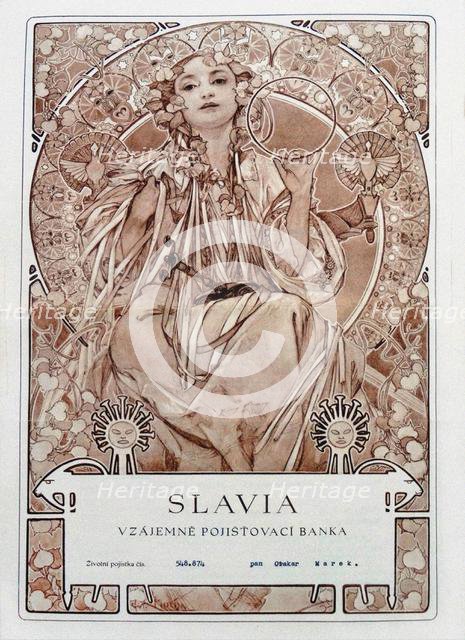 Insurance policy of of Slavia Insurance Company, 1942. Creator: Mucha, Alfons Marie (1860-1939).