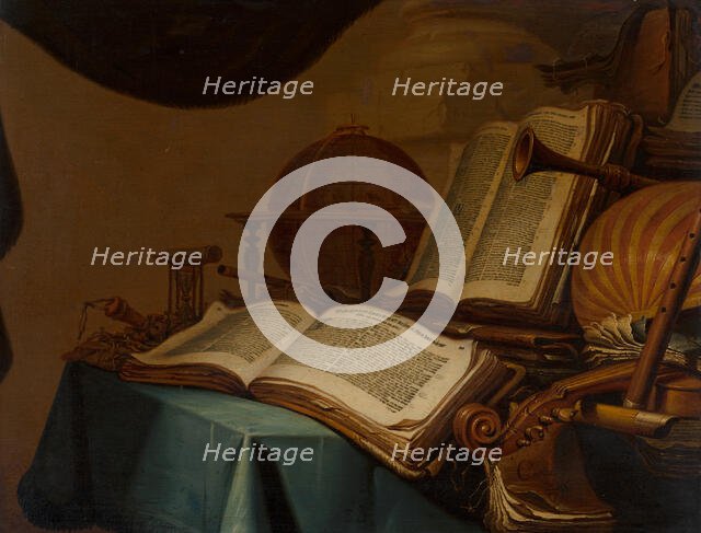 Still Life with Books, a Globe and Musical Instruments, 1660. Creator: Jan Vermeulen.
