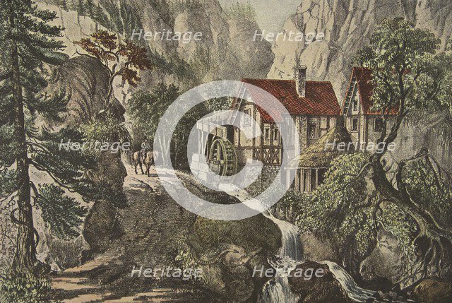 Puzzle Picture - Old Swiss Mill, pub. 1872, Currier & Ives (Colour Lithograph)