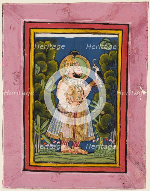 Maharana Jawan Singh (r. 1828-38) in a forest holding a hawk, c. 1835. Creator: Ghasi (Indian, active c. 1820-36), possibly by.