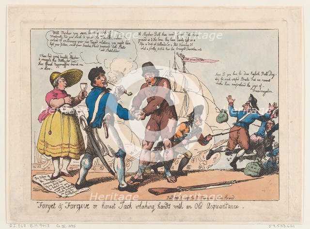 Forget & Forgive, or Honest Jack Shaking Hands with and Old Acquaintance , Se..., September 3, 1799. Creators: Thomas Rowlandson, Rudolph Ackermann.