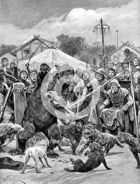 Bear-baiting in Saxon times, (c1920).Artist: Richard Caton Woodville II