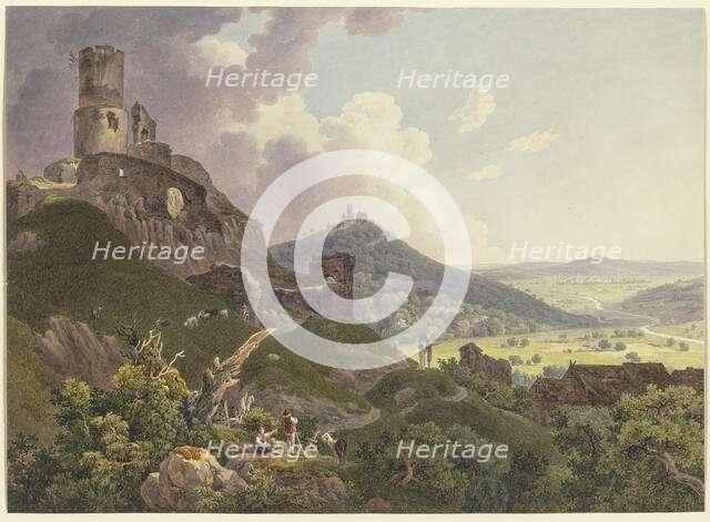 The Ruins of Gleiberg and Vetzberg near Gießen, on the left the two castle ruins on hills..., 1803. Creator: Friedrich Christian Reinermann.