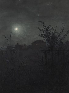 Hawthorn Trees in front of a Nocturnal Landscape with Houses in the Background, 1864. Creator: Leon Bonvin.