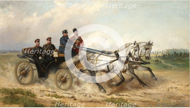 Tsar Alexander III and Kaiser Wilhelm II in a landau, 1888. Artist: Sverchkov, Nikolai Yegorovich (1817-1898)