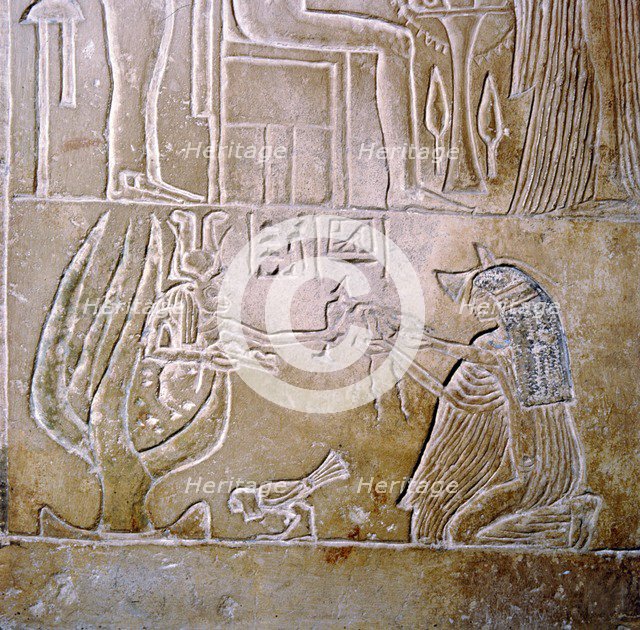 Egyptian relief, deceased priestess and Hathor with sycamore tree. Artist: Unknown.