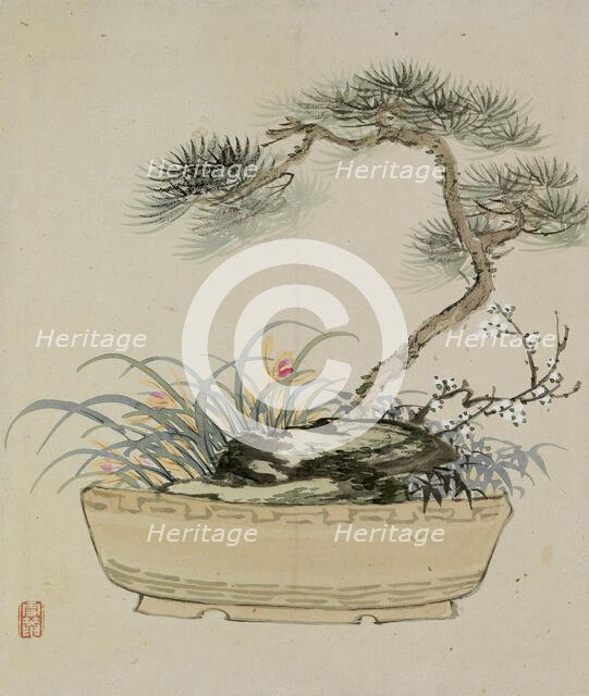 Leaf from Album Depicting Birds, Flowers, Landscapes, and Flower Pots, 1876. Creator: Yoshizawa Setsuan.