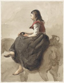Woman riding side-saddle on a horse with two jugs, 1841-1857. Creator: Johan Daniel Koelman.