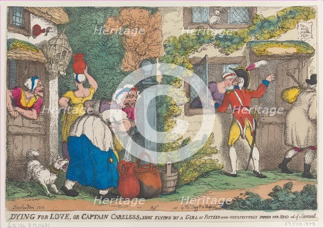 Dying for Love, or Captain Careless, Shot Flying by a Girl of Fifteen who Unexpectedly Pop..., 1810. Creator: Thomas Rowlandson.