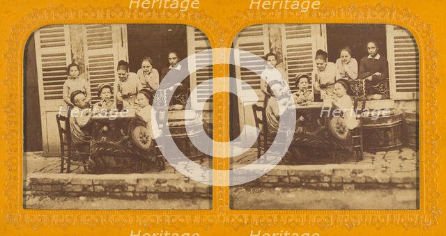 Three children playing at being grown-up; women watching, 1855-1860. Creator: Unknown.