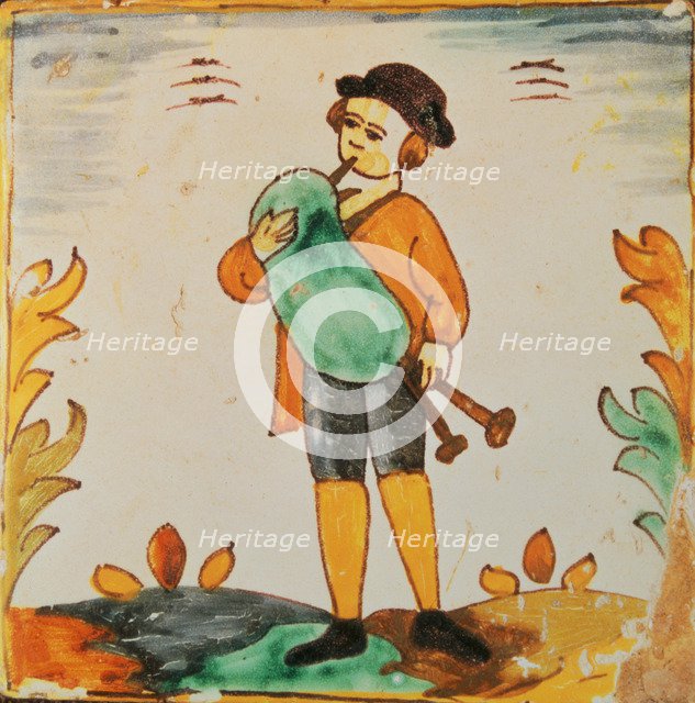 Tiles of the Palmita series. Musician playing the bagpipe (rustic).