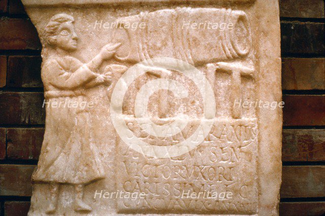 Roman relief, a woman draws wine from a cask at a Tavern, Merida, Spain, c2nd-3rd century. Artist: Unknown.