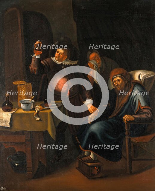 A medical practitioner examining the urine and taking the pulse of an elderly man. Creator: Jan Steen.