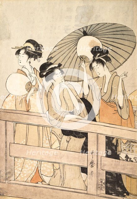 Enjoying the Cool Evening Breeze on and under the Bridge, ca. 1800. Creator: Kitagawa Utamaro.