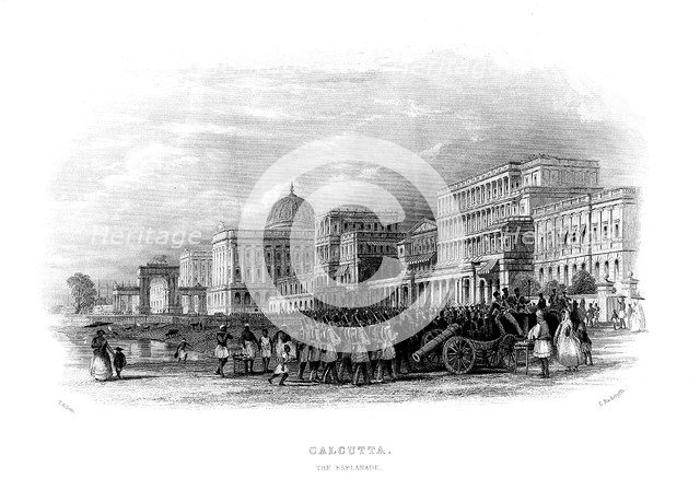 British troops parading on the esplanade, Calcutta, India, mid 19th century. Artist: Unknown