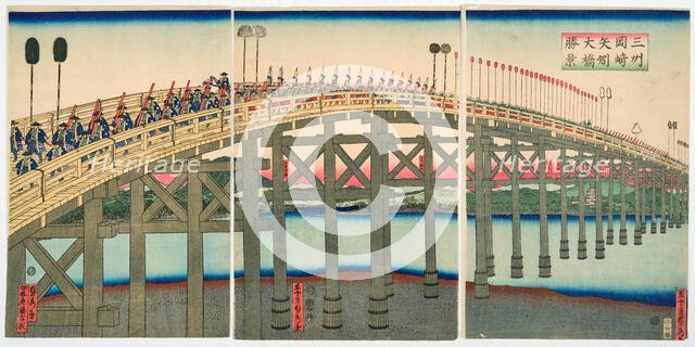 Sanshu Okazaki Yahagi ohashi shokei (View of the Great Bridge of Yahagi near Okazak..., 1863. Creator: Sadahide, Utagawa (1807-1873).