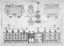 View of the Royal Exchange with coats of arms above, City of London, 1569.                           Artist: Anon