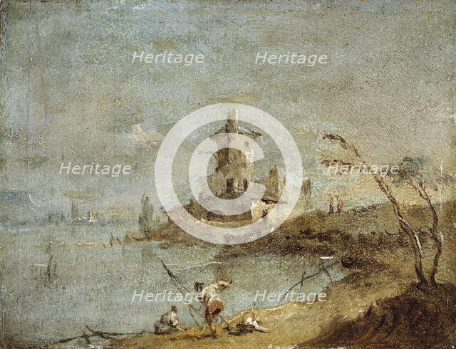 Rustic Caprice, with tower beside water. Creator: Francesco Guardi.