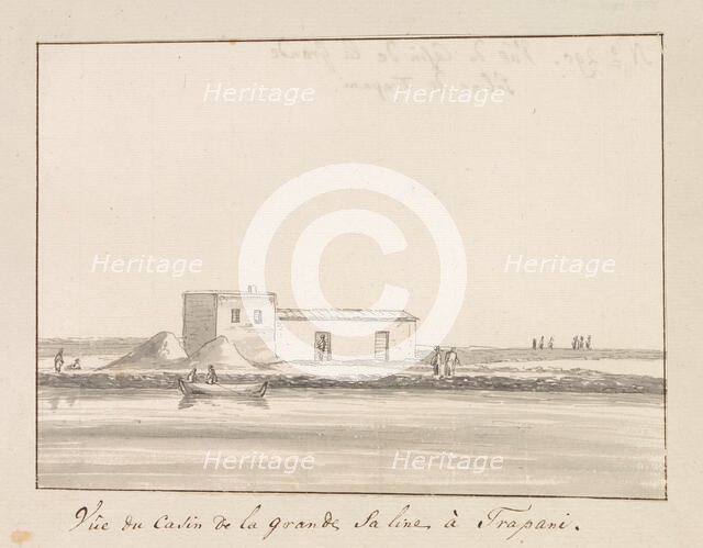 View of salt shack at large salt pan in Trapani, 1778. Creator: Louis Ducros.