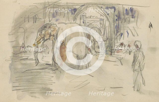 Indian with an elephant at a gate, 1924-1925. Creator: Marius Bauer.