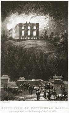 Nottingham Castle on fire, viewed from the south, 1831. Artist: George Childs