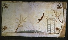 Painting showing a man jumping off a springboard at the Tomb of Jumper, Greek painting italic-inf…