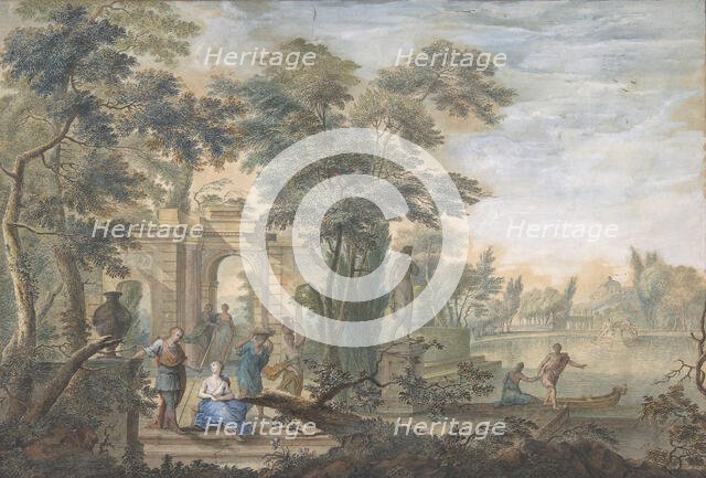 Arcadian Landscape with several Figures and a Statue of Diana, 18th century. Creator: Gerard Melder.